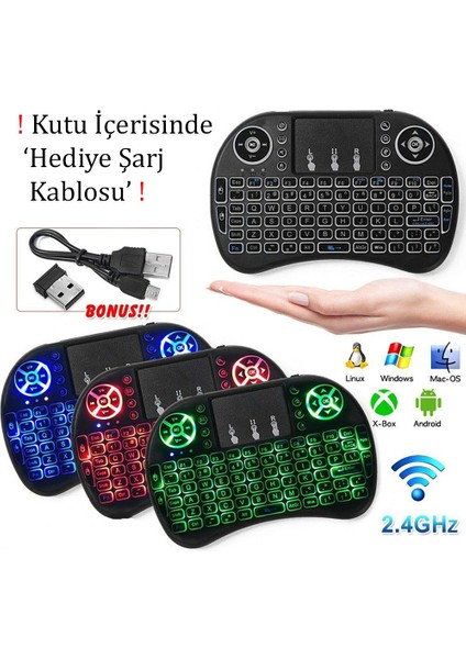 Mini Kablosuz Klavye, Q Klavye + 3 Farklı Renk Modu + Klavye + Touch Pad.