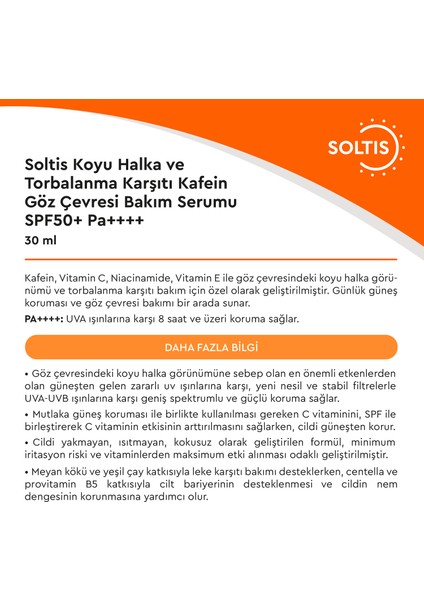 Koyu Halka ve Torbalanma Karşıtı Kafein Göz Çevresi Bakım SERUMU SPF50+ PA++++, 30 ml