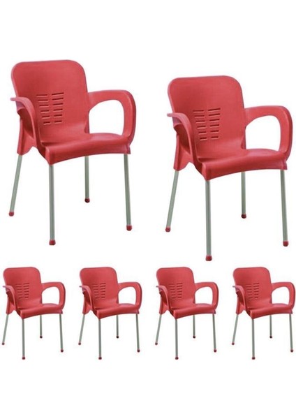 6 Adet Metal Ayaklı Plastik Sandalye Koltuk Kırmızı