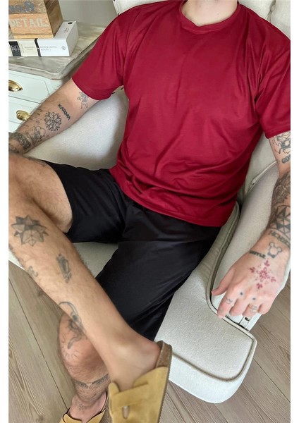 Bordo Üst Siyah Alt Erkek Şortlu Pijama Takımı