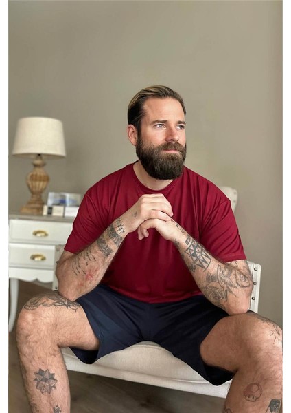 Bordo Üst Lacivert Alt Erkek Şortlu Pijama Takımı