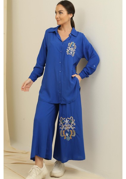 Yanları Yırtmaçlı Tunik Gömlek Beli Lastikli Cepli Palozzo Pantolon Nakışlı Oversize 2'li Takım