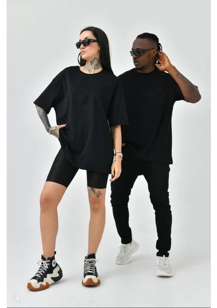 YS Innovation Unisex Basic Bisiklet Yaka Oversize T-Shirt - Siyah