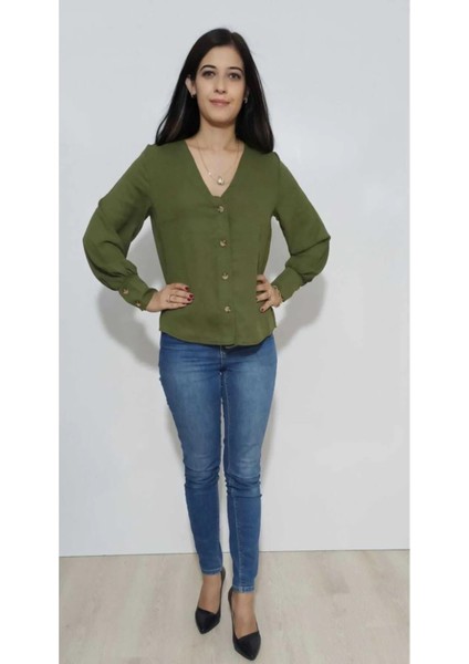 Kadın Tül Düğme Detay Gömlek