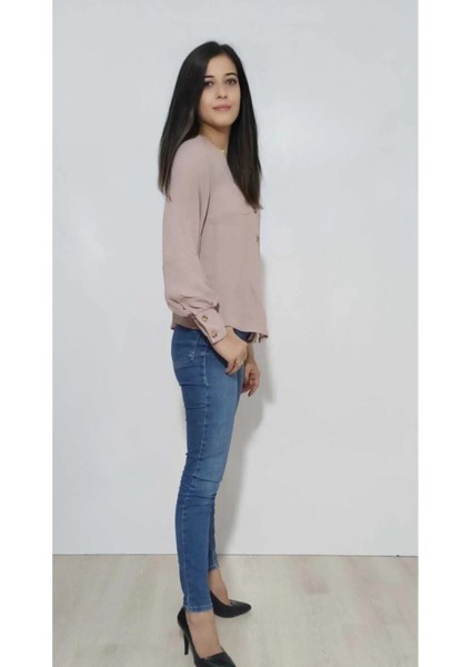 Kadın Tül Düğme Detay Gömlek