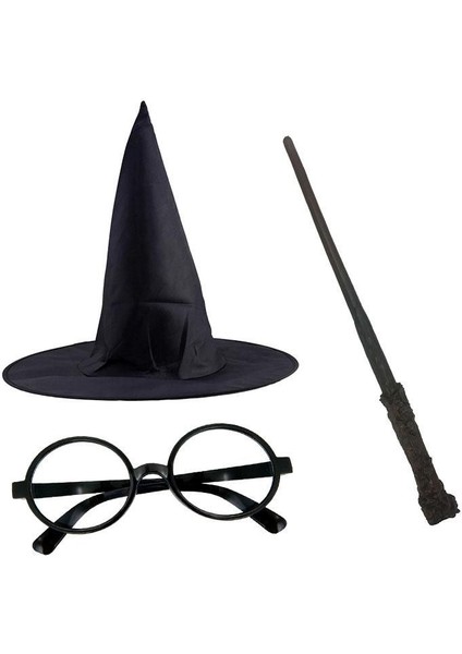 Toptan Bulurum Harry Potter Siyah Şapkası Harry Potter Gözlüğü Harry Potter Asası 3 Lü Set