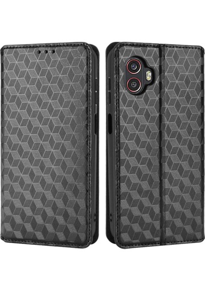 Samsung Galaxy Xcover6 Pro 5g Şok Emilim Rhombus Desen Basılı Cep Deri Deri Black Telefon Kılıfı (Yurt Dışından)