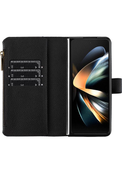 Samsung Galaxy Z Fold5 5g Pu Deri Litchi Doku Zipper Cep Black Telefon Kılıfı (Yurt Dışından)