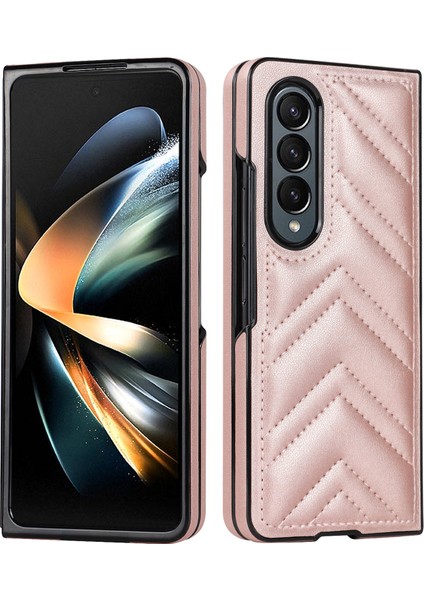 Samsung Galaxy Z Fold4 5g Pu Deri+Pc V Şekilli Dikiş Şok Geçirmez Katlanır Rose Altın Telefon Kılıfı (Yurt Dışından)