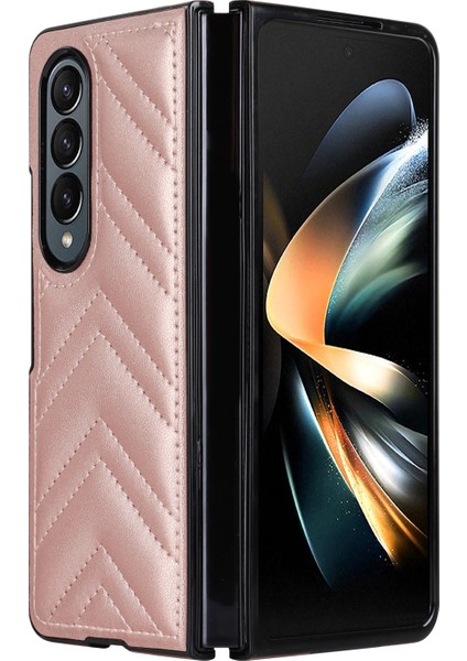 Samsung Galaxy Z Fold4 5g Pu Deri+Pc V Şekilli Dikiş Şok Geçirmez Katlanır Rose Altın Telefon Kılıfı (Yurt Dışından)