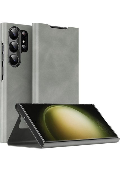 Samsung Galaxy S24 Ultra Nappa Doku Kartı Tutucu Cep Grey Telefon Kılıfı (Yurt Dışından)