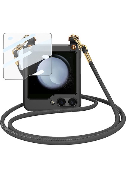 Samsung Galaxy Z Flip5 5g Sert Pc Geri Ince Koruyucu Temperli Cam Küçük Ekran Film Omuz Kayışı Black Telefon Kılıfı (Yurt Dışından)