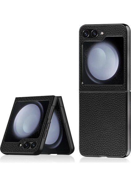 Samsung Galaxy Z Flip5 5g Litchi Doku Orijinal Inek Deri Kaplamalı Pc+Tpu Arka Black Telefon Kılıfı (Yurt Dışından)