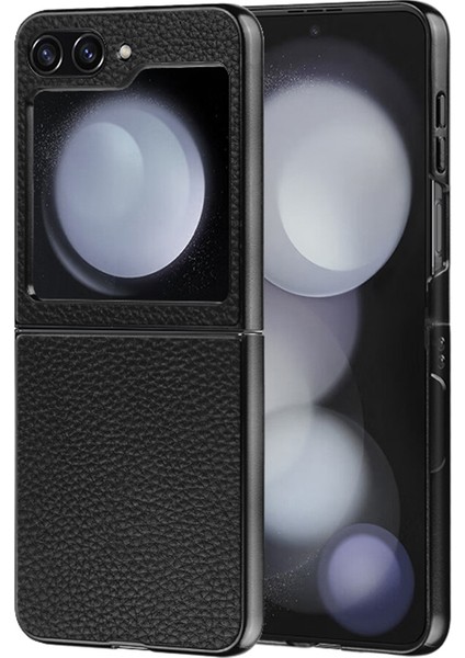 Samsung Galaxy Z Flip5 5g Litchi Doku Orijinal Inek Deri Kaplamalı Pc+Tpu Arka Black Telefon Kılıfı (Yurt Dışından)