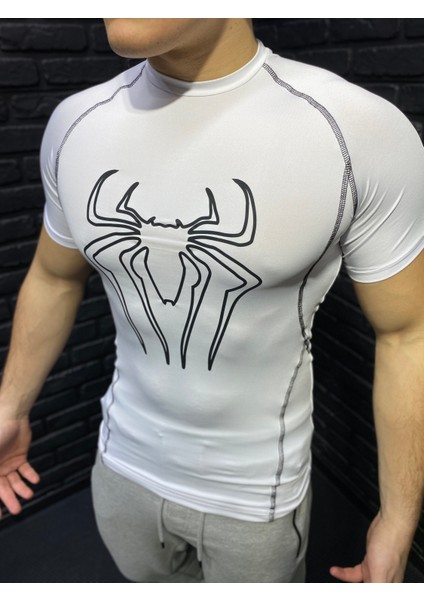 Uzun Kollu Spor Body Çizgili Compression Erkek Tişört Spiderman Baskılı Kompresyon Beyaz