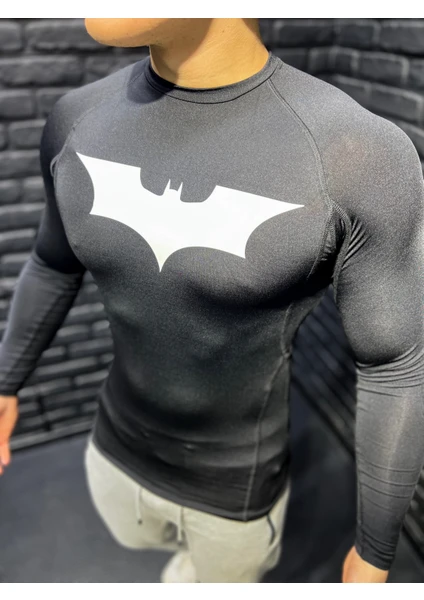 Uzun Kollu Spor Body Tam Beden Fit Compression Erkek Tişört Batman Baskılı Kompresyon