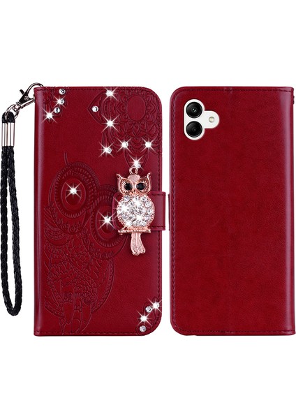 Samsung Galaxy A05 4g Rhinestone Dekor Baykuş Desen Deri Telefon Kılıfı (Yurt Dışından)