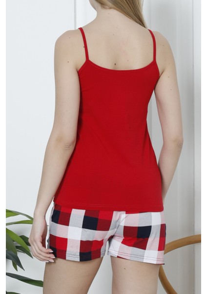 Kadın Şortlu Pijama Takımı Ip Askılı Pamuklu Likralı Cepli Kırmızı