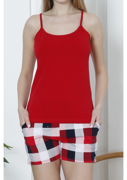 Kadın Şortlu Pijama Takımı Ip Askılı Pamuklu Likralı Cepli Kırmızı