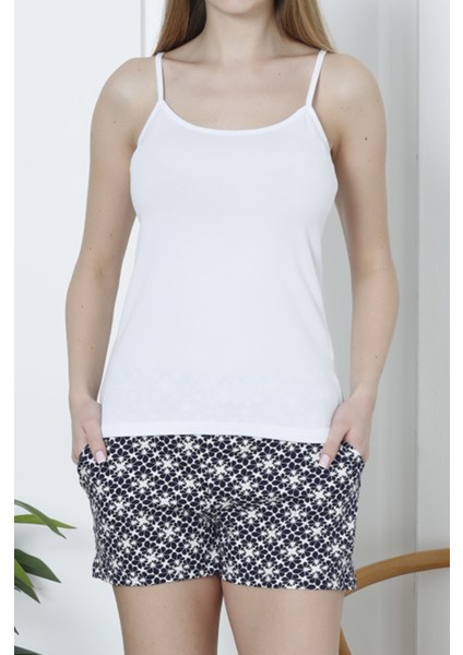 Kadın Şortlu Pijama Takımı Ip Askılı Pamuklu Likralı Cepli Beyaz