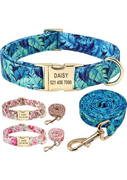 Mavi Set Stili L Beden Kişiselleştirilmiş Çiçek Köpek Tasması ve Tasma Seti Özel Küçük Orta Büyük Köpek Pet Kımlık Tasması Kurşun Çiçek Baskı Köpek Oyulmuş Tasmalar (Yurt Dışından)