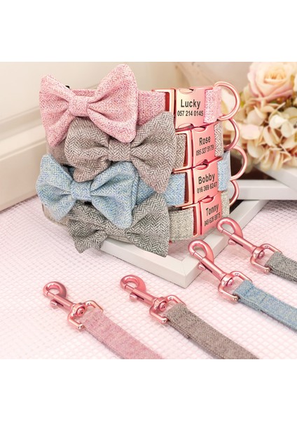 Pembe Set Stili L Beden Özelleştirilmiş Köpek Yaka Tasma Seti Papyon Ayarlanabilir Köpek Tasmaları ile Yüksek Li Kişiselleştirilmiş Pet Tasmalar Tasma Ücretsiz Gravür (Yurt Dışından)