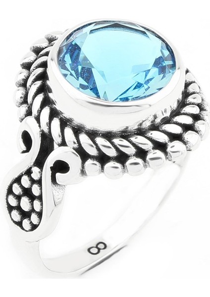 Gümüş 925 Ayar Kadın Yüzük Mavi Aqua Taşlı
