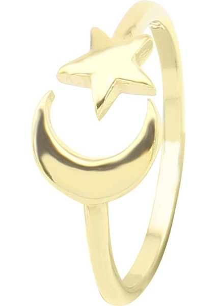 Gümüş 925 Ayar Kadın Gümüş Yüzük Ay Yıldız Altın Kaplama