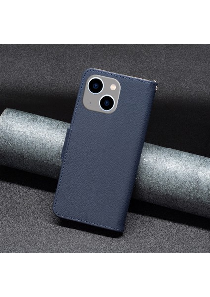 iPhone 15 Plus Toz Geçirmez Pu Deri Cep Telefonu Kapak Cüzdan Litchi Doku Dokunma Stand Kayış Telefon Kılıfı (Yurt Dışından)