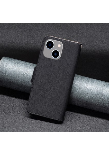 iPhone 15 Plus Toz Geçirmez Pu Deri Cep Telefonu Kapak Cüzdan Litchi Doku Dokunma Stand Kayış Telefon Kılıfı (Yurt Dışından)