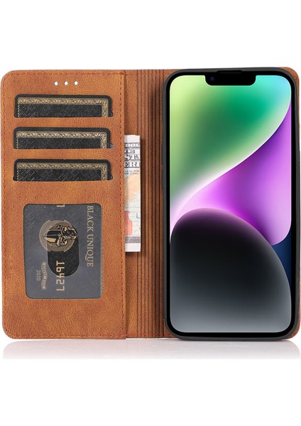 iPhone 15 Manyetik Otomatik Obsorbed Pu Deri Telefon Desteği Stand Cüzdan Telefon Kılıfı (Yurt Dışından)
