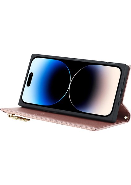 Apple Phone 14 Pro Için Cep Telefonu Kapağı, Pu Deri Fermuarı Cep Cüzdan Stand Koruyucu Rhombus Baskılı Omuz Kayışı Telefon Kılıfı (Yurt Dışından)