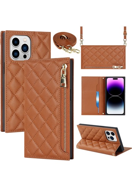 Apple Phone 14 Pro Max Için Baskılı Rhombus Dokusu Pu Deri Fermuar Cep Telefon Cüzdan Stand Tam Koruma Flip Uzun Kayışla Telefon Kılıfı (Yurt Dışından)