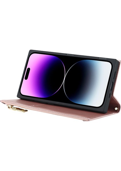 Apple Phone 14 Pro Max Için Baskılı Rhombus Dokusu Pu Deri Fermuar Cep Telefon Cüzdan Stand Tam Koruma Flip Uzun Kayışla Telefon Kılıfı (Yurt Dışından) modelleri