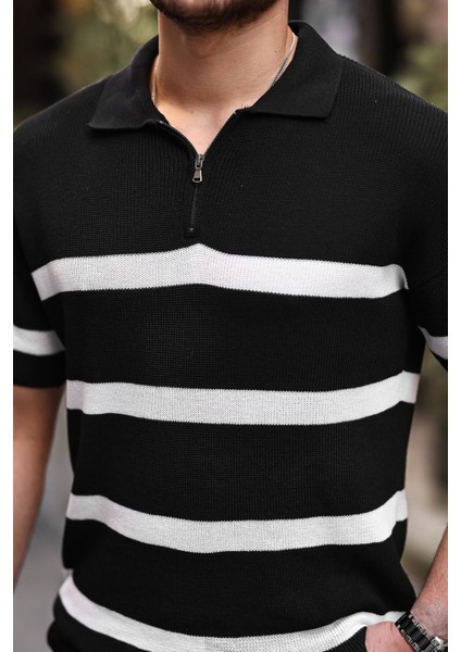 Yarım Fermuar Çizgili Oversize Triko T-Shirt - Siyah fiyatları