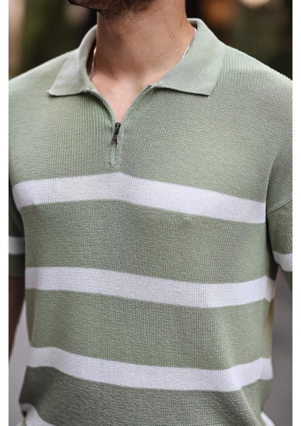 Yarım Fermuar Çizgili Oversize Triko T-Shirt - Yeşil
