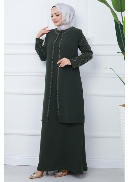Kolları Taşlı Büyük Beden Anne Elbisesi Haki Hm2349