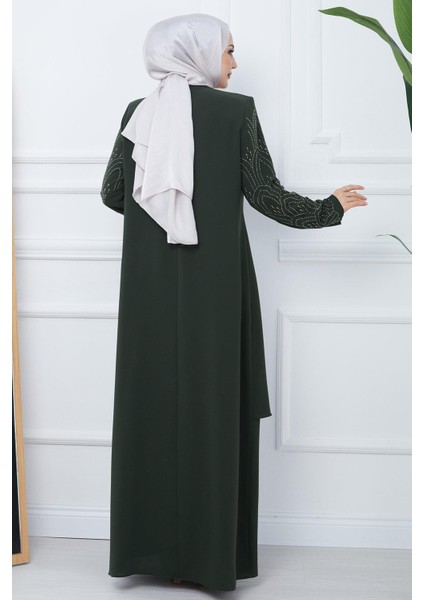 Kolları Taşlı Büyük Beden Anne Elbisesi Haki Hm2349 indirimleri