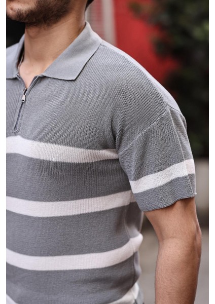 Yarım Fermuar Çizgili Oversize Triko T-Shirt - Gri