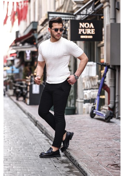 Saç Örgü Fit Kesim Bisiklet Yaka Triko T-Shirt - Beyaz