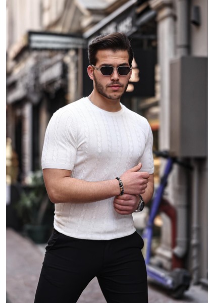 Saç Örgü Fit Kesim Bisiklet Yaka Triko T-Shirt - Beyaz