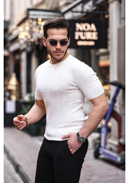 Saç Örgü Fit Kesim Bisiklet Yaka Triko T-Shirt - Beyaz
