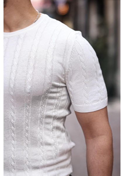 Saç Örgü Fit Kesim Bisiklet Yaka Triko T-Shirt - Beyaz