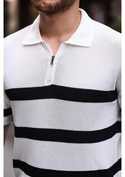Yarım Fermuar Çizgili Oversize Triko T-Shirt - Beyaz