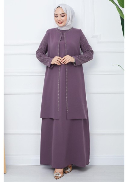 Kolları Taşlı Büyük Beden Anne Elbisesi Mürdüm HM2349