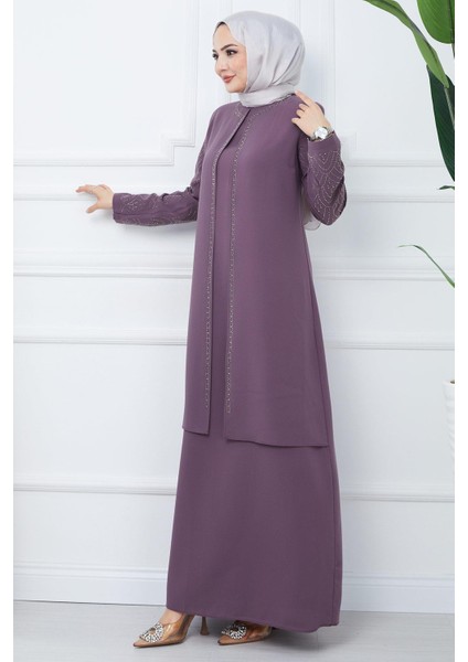 Kolları Taşlı Büyük Beden Anne Elbisesi Mürdüm HM2349 fiyatları