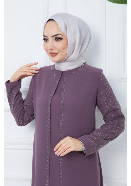 Kolları Taşlı Büyük Beden Anne Elbisesi Mürdüm HM2349 modelleri