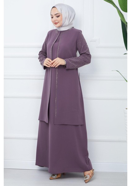 Kolları Taşlı Büyük Beden Anne Elbisesi Mürdüm HM2349 indirimleri