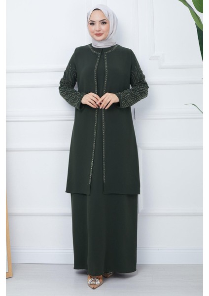 Kolları Taşlı Büyük Beden Anne Elbisesi Haki Hm2349 fiyatları