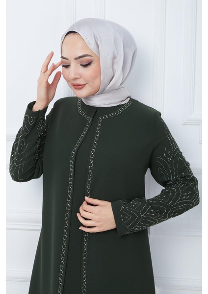 Kolları Taşlı Büyük Beden Anne Elbisesi Haki Hm2349 modelleri